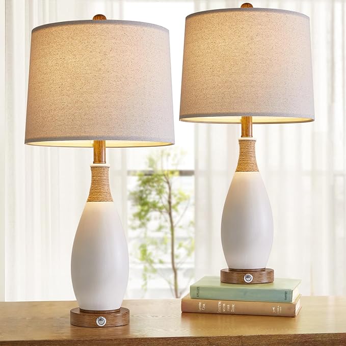 OYEARS 24.5” 3-Way Dimmable Touch Control Bedside Table Lamp Set of 2 with USB and Type-C Charging