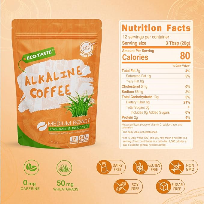 Alkaline Coffee Non-Dairy, Arabica Coffee with Mushroom Creamer, Wheatgrass, Oligosaccharide, 30%