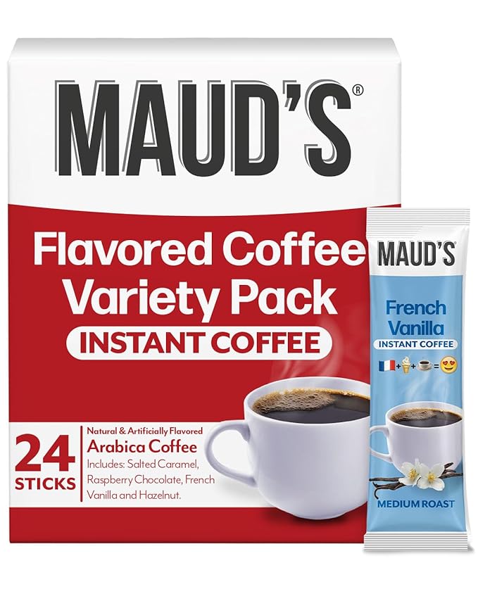 Maud's Flavored Instant Coffee Variety Pack, 24 ct, Caramel, Hazelnut, Raspberry, Vanilla, 100%