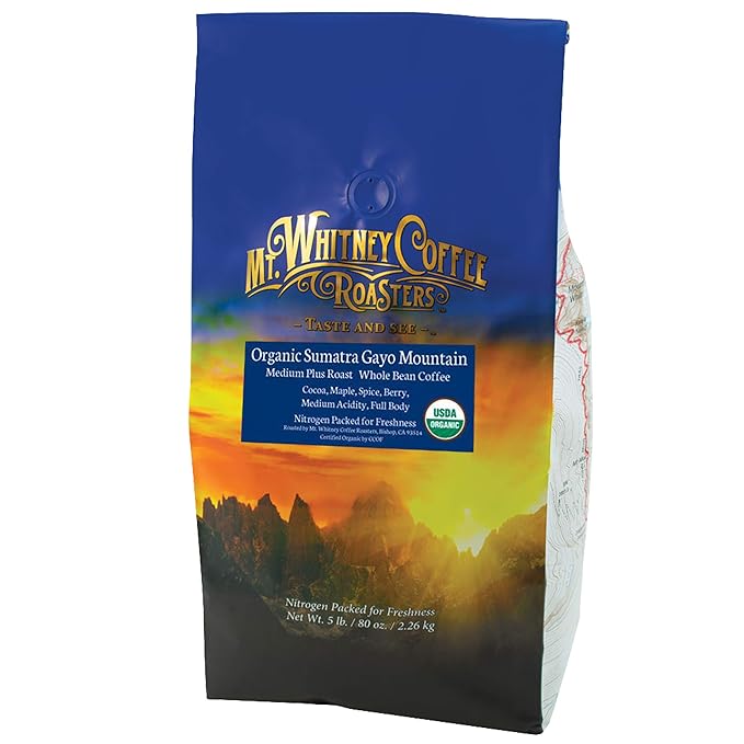 Mt. Whitney Organic Gayo Mountain Sumatra, Medium Dark Roast, Low Acid Coffee (Whole Bean, 5 Lb)