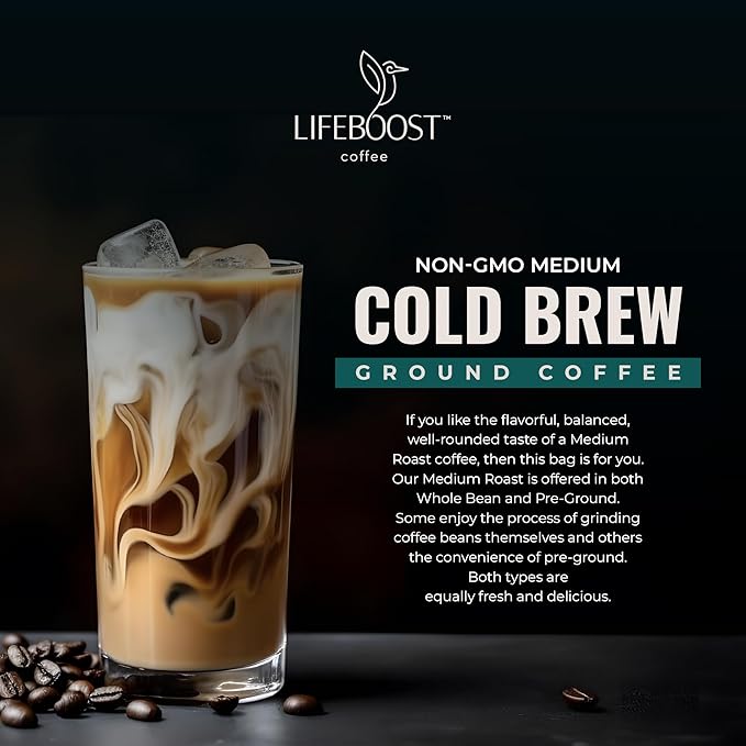 Lifeboost Low Acid Cold Brew Coffee – Organic Coarse Ground Medium Roast for Cold Brew – Single