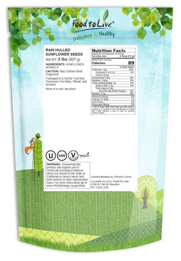Food to Live Sunflower Seeds, 2 Pounds – Non-GMO Verified, Kernels, No Shell, Kosher, Raw, Vegan