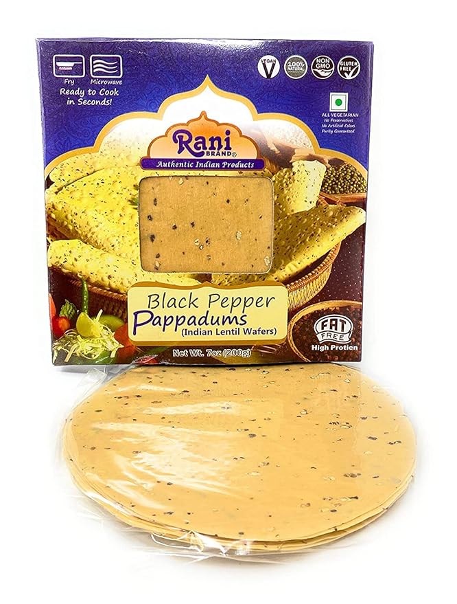 Rani Pappadums (Indian Lentil Wafer Snack) Black Pepper Papad 7oz (200g) Approximately 15pc, 7