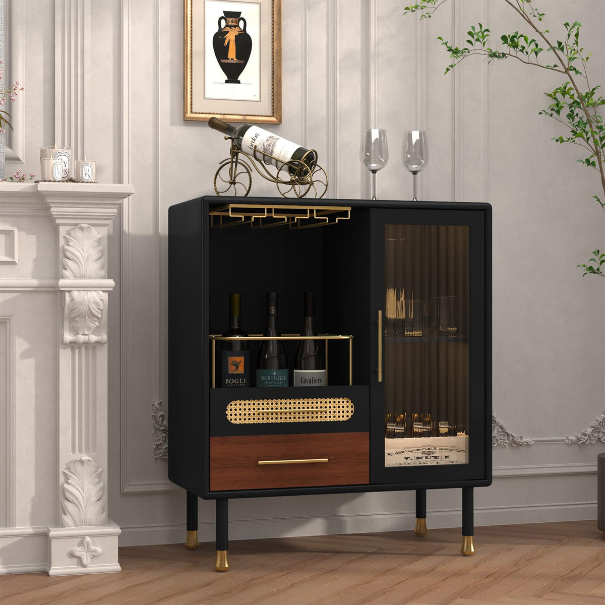 ARTPOWER Modern Coffee Bar Cabinet with Pull-Out Wine Storage, Black