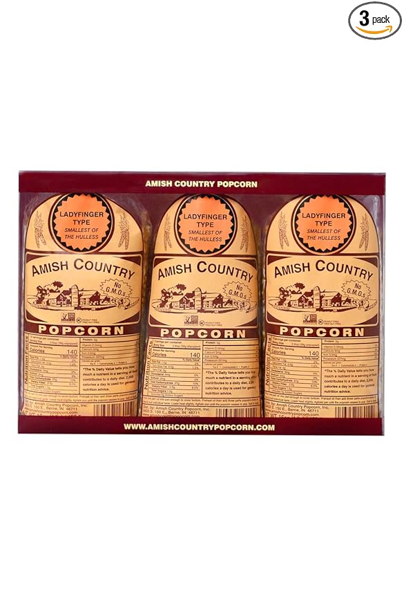Amish Country Popcorn | 3 (1 Lb Bags) Ladyfinger Kernels Gift Set | Old Fashioned, Non-GMO and