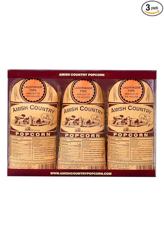 Amish Country Popcorn | 3 (1 Lb Bags) Ladyfinger Kernels Gift Set | Old Fashioned, Non-GMO and