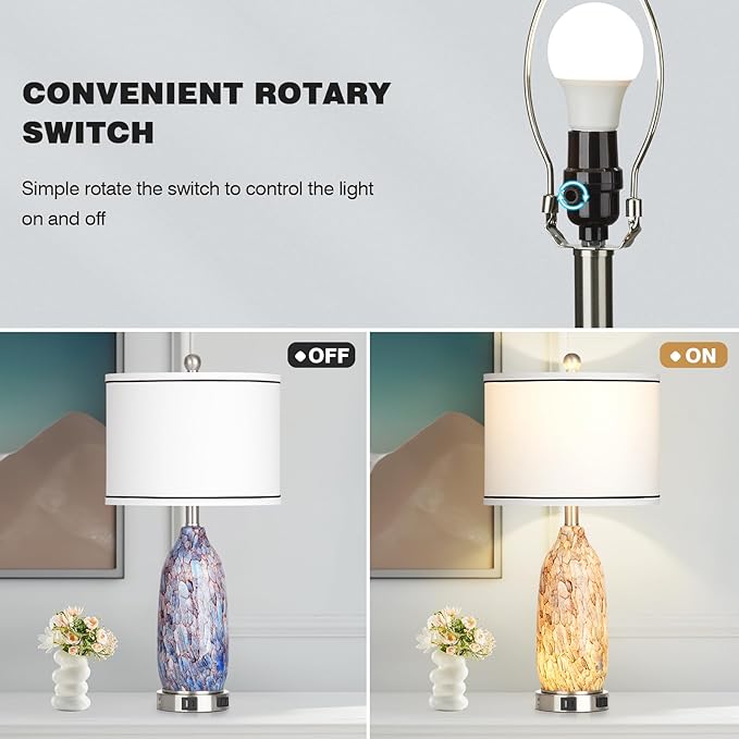 Coastal Lamps with USB A+C Ports & LED Night Light, Unique Seashells Glass Table Lamps with Natural