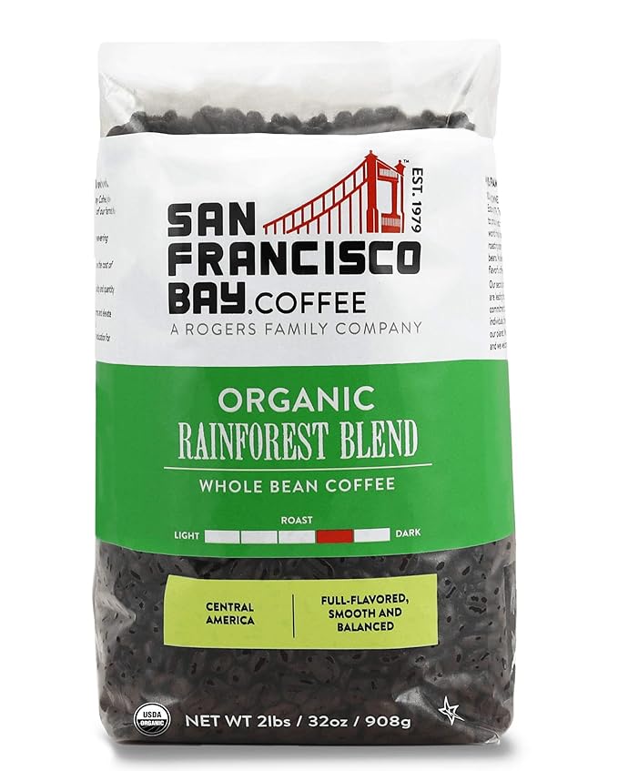 San Francisco Bay Coffee - Medium-Dark Roast Whole Bean Coffee - Organic Rainforest Blend (2 lb