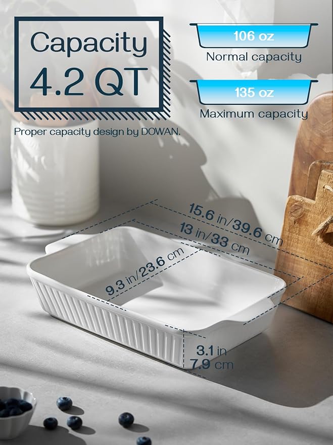 DOWAN Casserole Dish, 9x13 Ceramic Baking Dish, Large Lasagna Pan Deep for Oven, 4.2 Quarts Baking