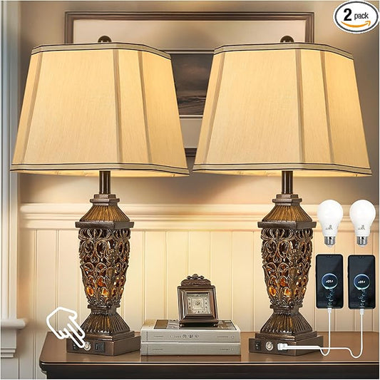 AIDENOEY 27.5“ Farmhouses Table Lamp with USB & USB-C Charging Ports, 3-Color Dimmable & Stepless