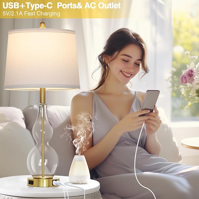 27.5" Clear Glass Table Lamp Set of 2,3-Way Dimmable Touch Control Bedside Lamps with USB Ports and