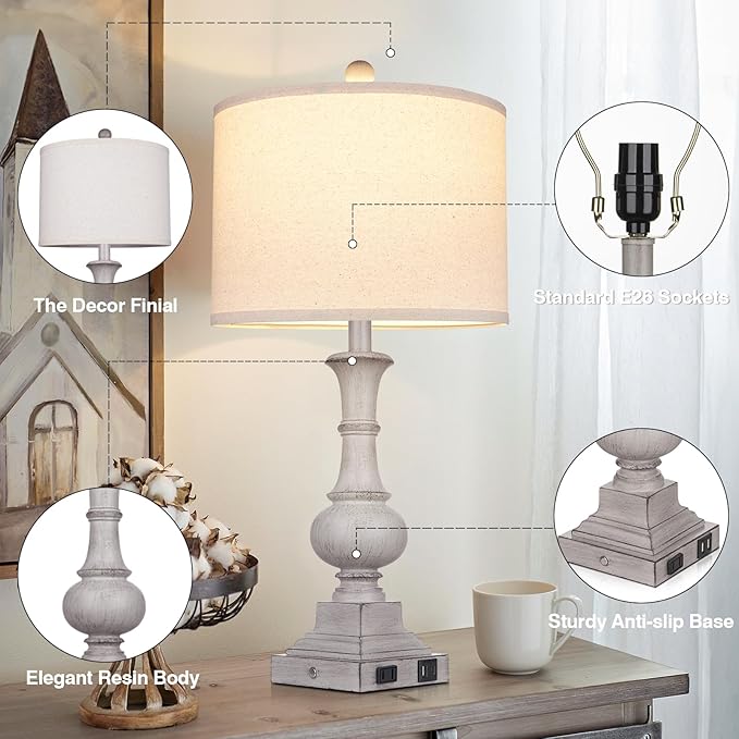 26" Farmhouse Lamp with 2 USB Ports & AC Outlet, Vintage Rustic Touch Control Bedside Lamp, Resin