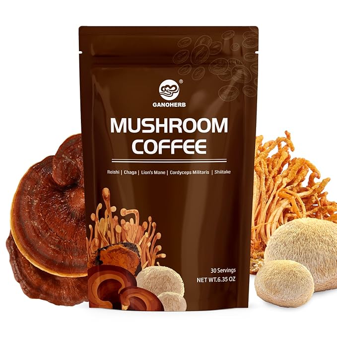 GANOHERB Instant Mushroom Coffee Powder, Arabica Coffee Mix with 5 Adaptogen Mushrooms, Lions Mane
