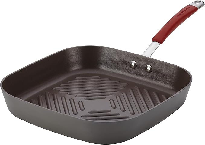 Rachael Ray Cucina Hard-Anodized Nonstick 11-Inch Deep Square Grill Pan, Gray with Cranberry Red