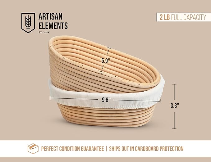 Kook Banneton Bread Proofing Baskets, Artisan Sourdough Bread Making Baskets, 9.8 Inch Handwoven