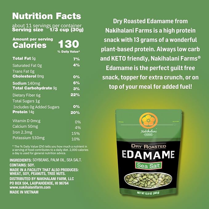 Dry Roasted Edamame Beans Snack by Nakihalani Farm ??Sea Salt (12 oz) Non-GMO Crunchy Soybeans