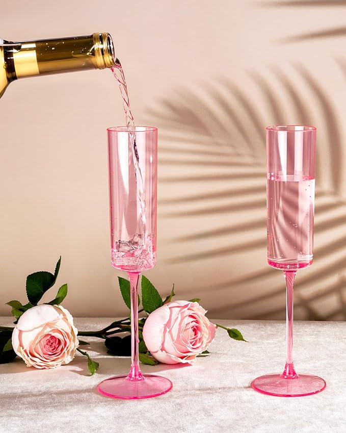 Ciaell 24 Pack Pink Plastic Champagne Flutes - Pink 6 Oz Disposable Champagne Glasses - Square