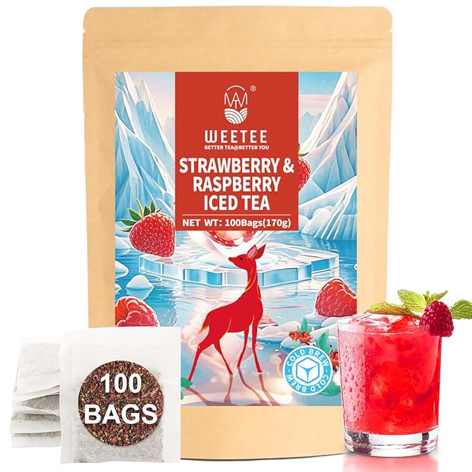 WT WEETEE Strawberry & Raspberry Herbal Iced Tea, 100 Count Cold Brew Hibiscus Iced Tea Bags, Rich