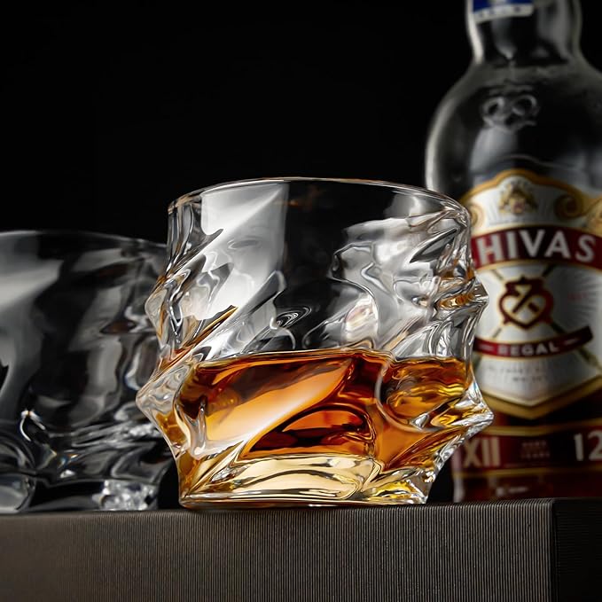 12 oz Hand Blown Crystal Whiskey Glasses Set of 4, Unique Cognac Glass, Heavy Thick Bottom Bar