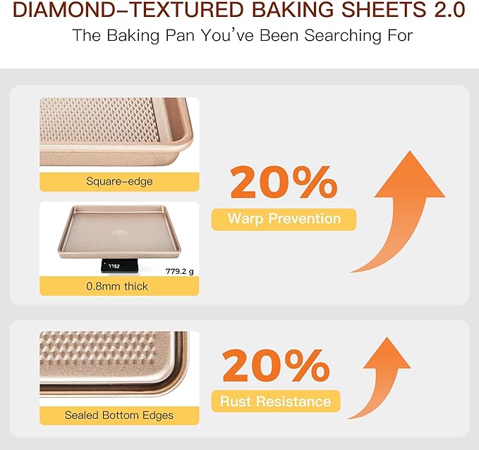 HONGBAKE 3 Pack Gold Nonstick Baking Sheet Pan Set with Oven Mitts Heat Resistant, Non-Toxic