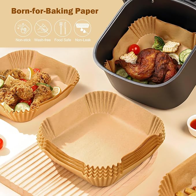 200 Pcs 8" Air Fryer Liner Square Baking Parchment Paper Airfryer Liners,Unbleached Disposable