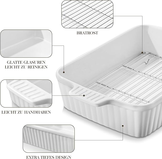 MALACASA 4.4 QT Baking Dish with Rack, 9x13 Large Casserole Dish for Oven, Ceramic Baking Pan with