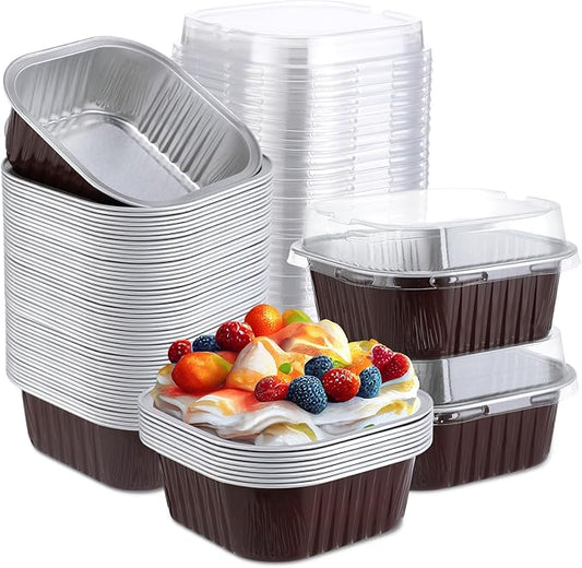 Aoriher 150 Pieces 10 oz Mini Cake Pans with Lids Aluminum Foil Baking Cups Square Disposable 4" x