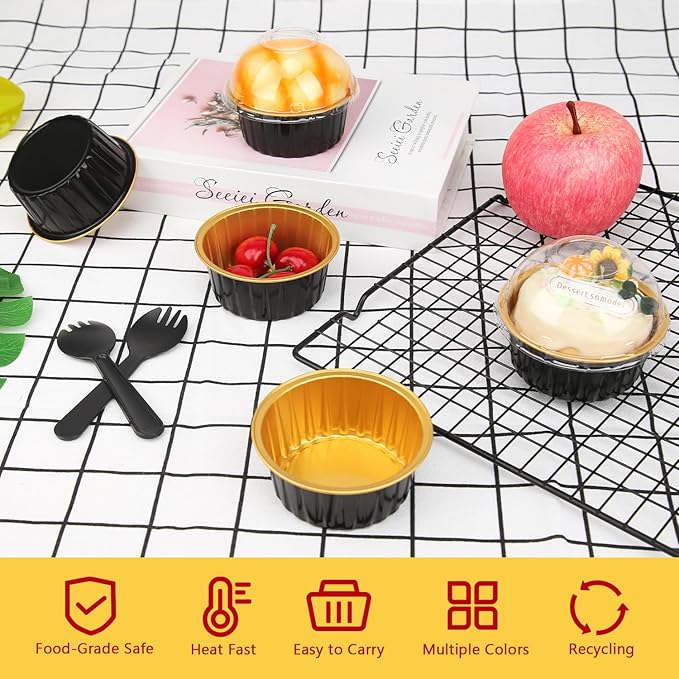 5oz Foil Ramekins with Lids 50 Pack,Free-Air Aluminum Foil Cupcake Liners Muffin Cups,Disposable