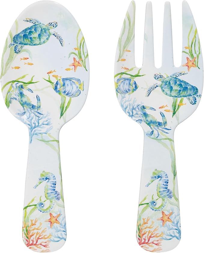 UPware Sea Life Serenade Melamine Salad Servers, Serving Utensil Set, Includes Serving Fork and