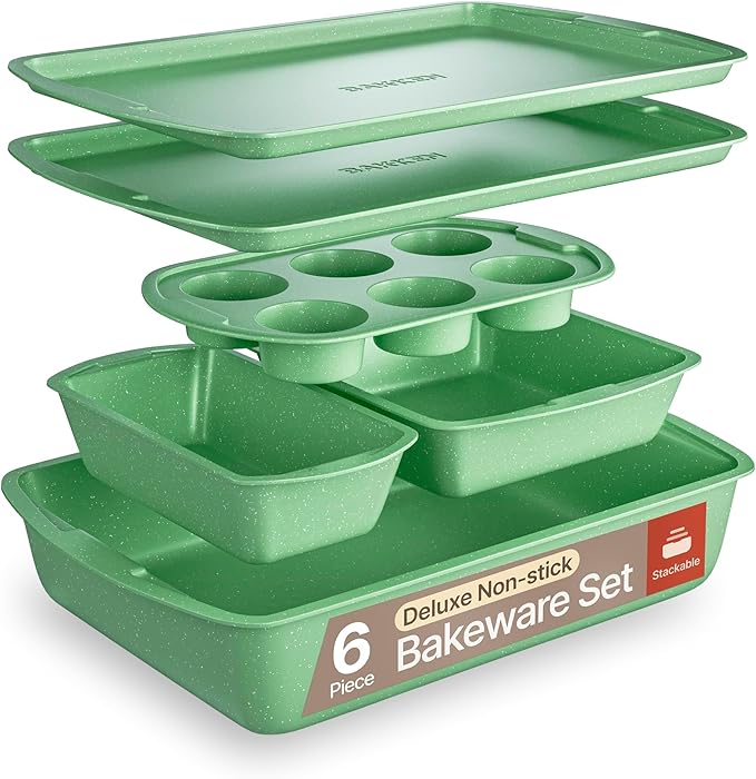 BAKKEN Kitchen Baking Pan Set - Nonstick Green Marble Coating, Commercial Grade Carbon Steel