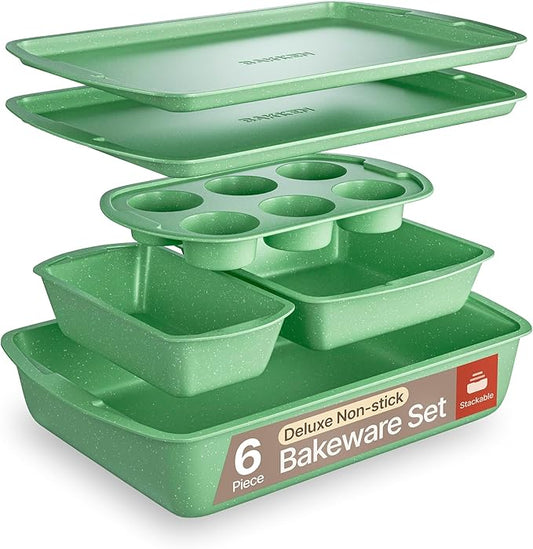BAKKEN Kitchen Baking Pan Set - Nonstick Green Marble Coating, Commercial Grade Carbon Steel