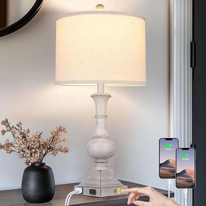 26" Farmhouse Lamp with 2 USB Ports & AC Outlet, Vintage Rustic Touch Control Bedside Lamp, Resin