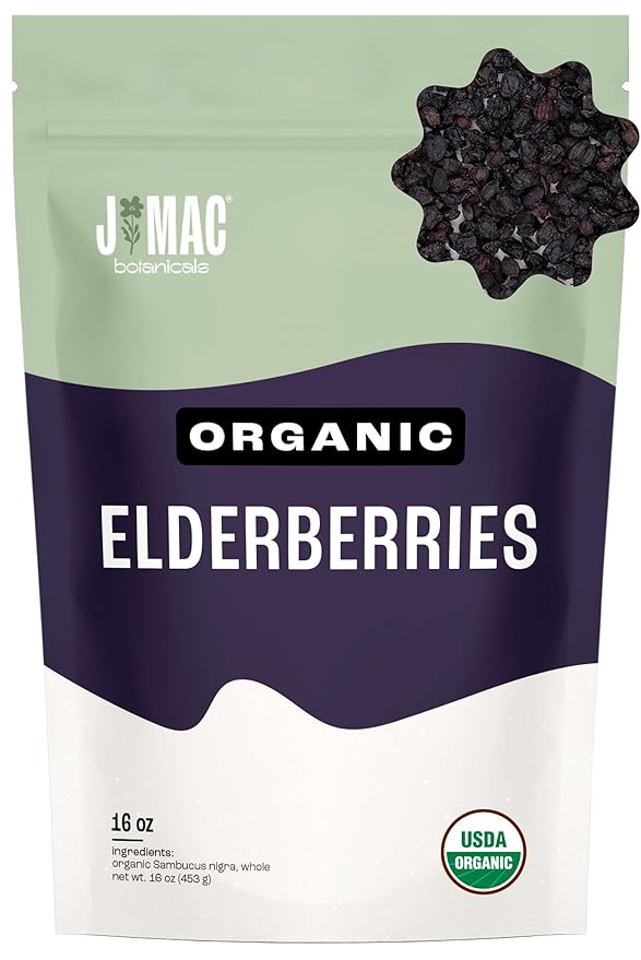 J Mac Botanicals Certified USDA - 100% Organic Dried Elderberries - 1lb Bulk - Non-Irradiated