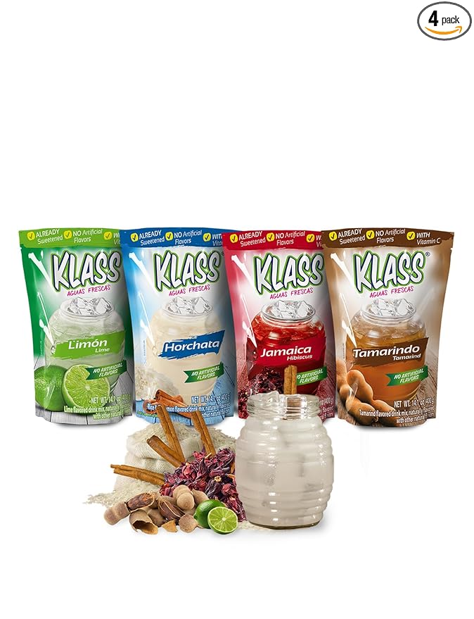Klass Aguas Frescas | Drink Mix Mexican Variety Pack | Horchata Limeade Hibiscus & Tamarind Drinks