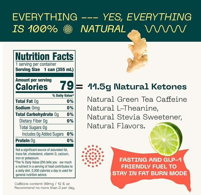 KEY Ketone Energy Drink : Sugar Free, 80mg Low Caffeine, All Natural, 11.5g Ketones, Long Lasting