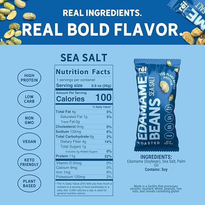 R휆l Snacks Sea Salt Roasted Edamame ??High Protein Low Carb Snack (11g Protein per Serving)