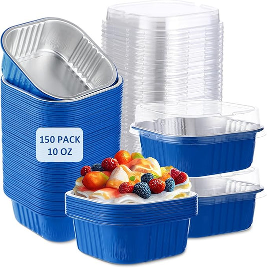 Aoriher 150 Pieces 10 oz Mini Cake Pans with Lids Aluminum Foil Baking Cups Square Disposable 4" x