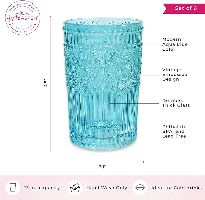 Kate Aspen Vintage Textured Aqua Blue Striped Drinking Glasses, Set of 6 (13oz)