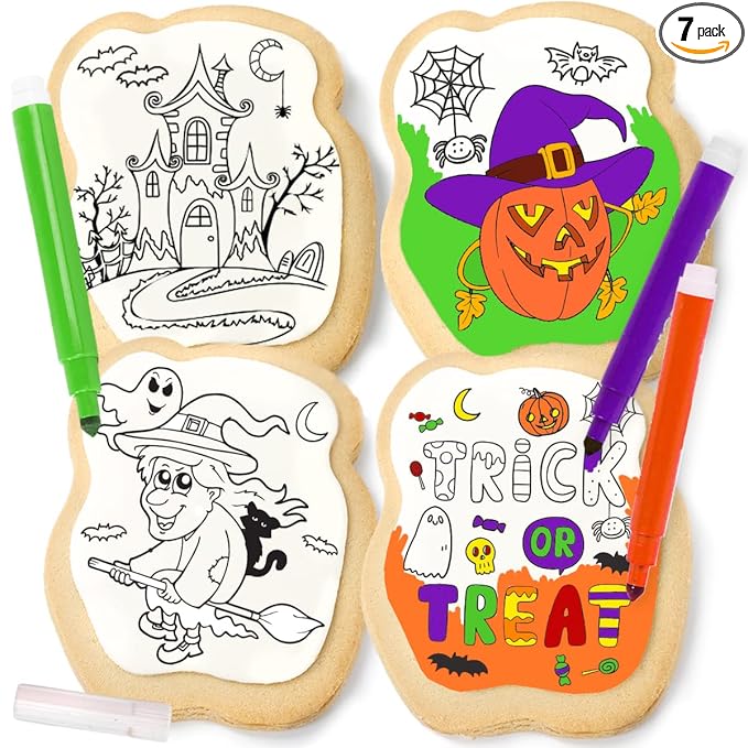 Halloween Cookies Decorating Kit Coloring Gift For Kids Food | 4 Jumbo Cookies + 3 Edible Markers |