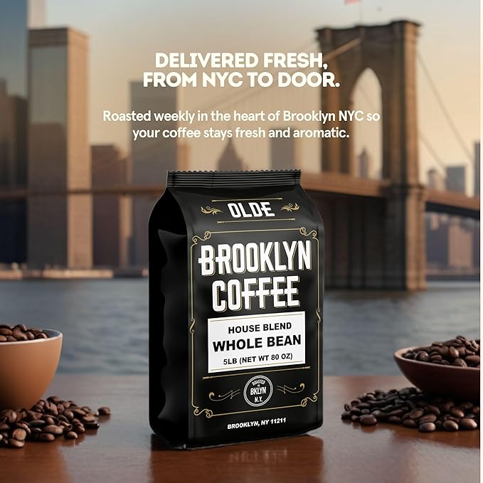 BROOKLYN COFFEE Whole Bean, House Blend Medium Roast (5lb) Balanced, Breakfast, Classic - Fresh