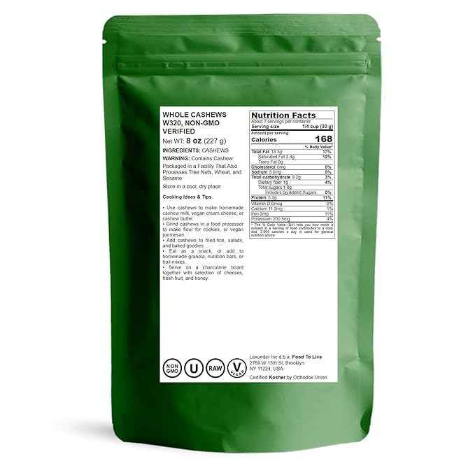 Food to Live Raw Cashews, 1 Pound ??Non-GMO Verified, Deluxe Whole Nuts, Unsalted, Unroasted, Size