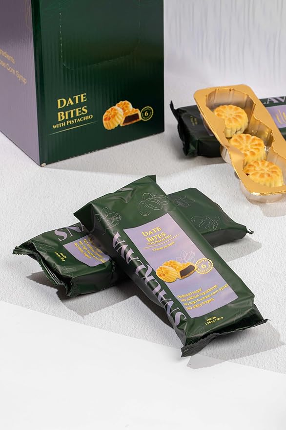 Snacklava Pistachio Date Bites - 20 Pack (3 Pieces per Pack) - Pistachio and Date Filled Maamoul