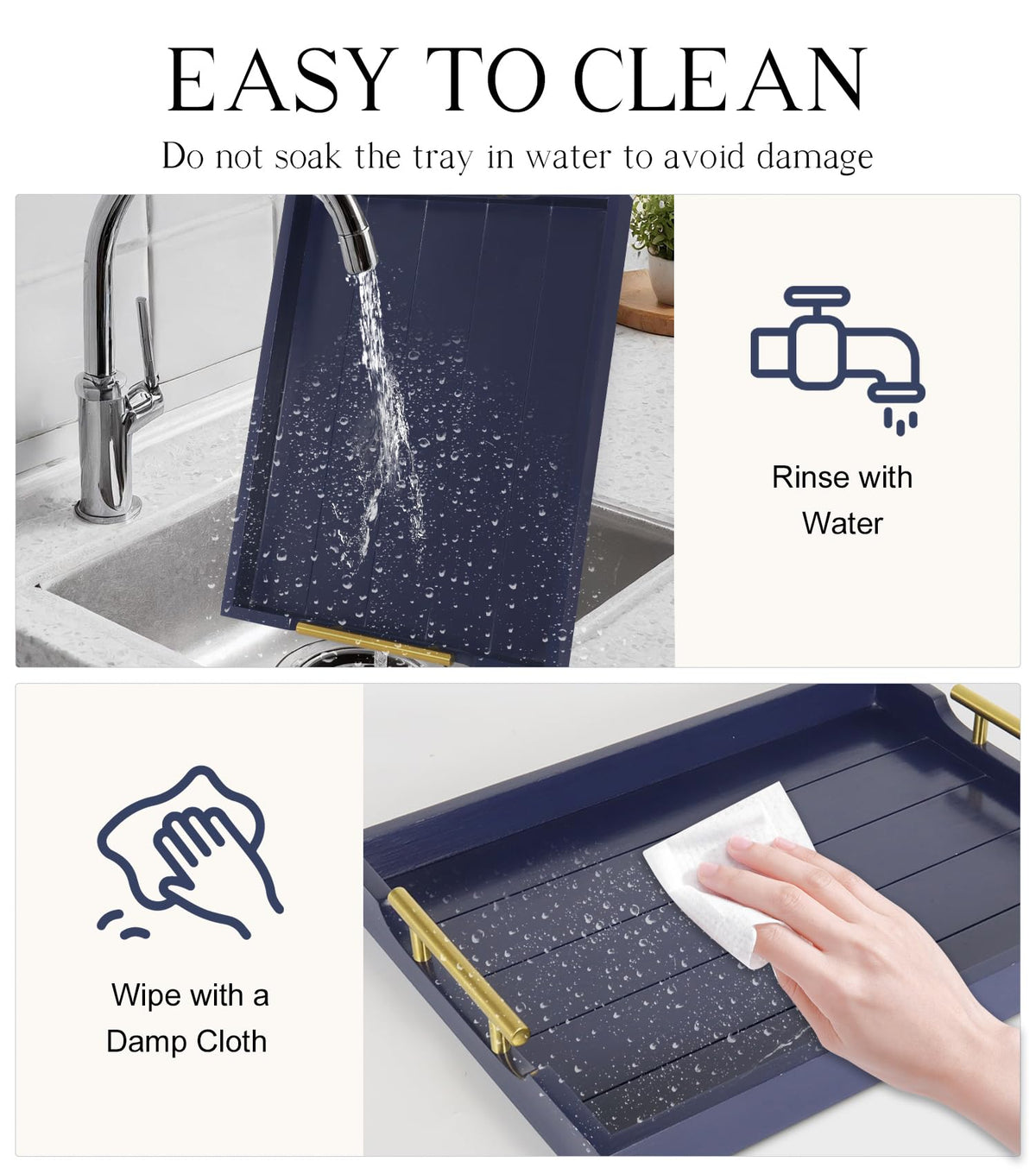 SXNOWS Wooden Serving Tray with 2 Sets of Handles,Navy Blue