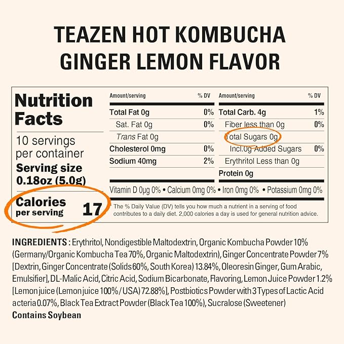 TEAZEN Lemon Ginger Hot Kombucha Tea, Live Probiotics & Postbiotics, Relaxation and Warmth for