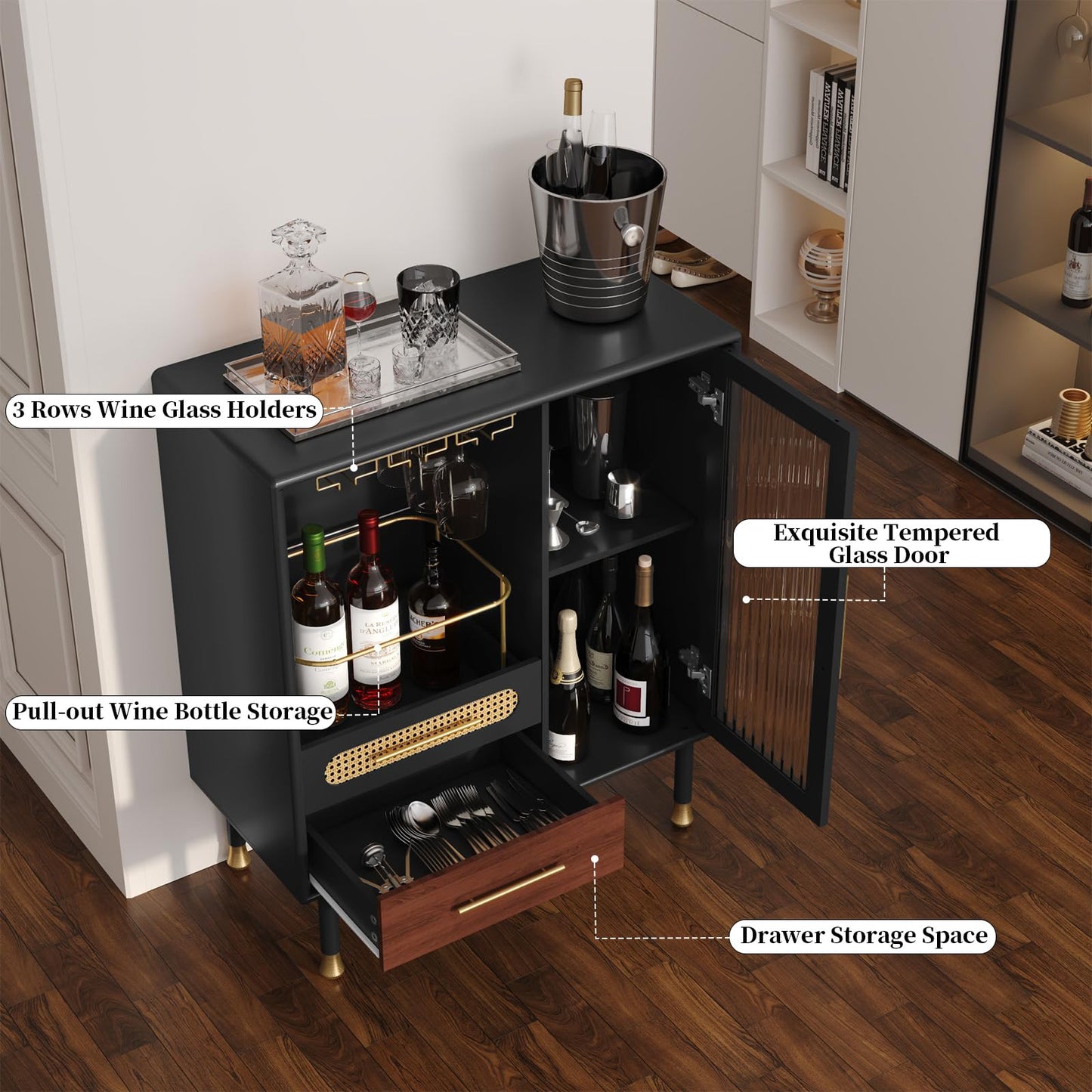 ARTPOWER Modern Coffee Bar Cabinet with Pull-Out Wine Storage, Black