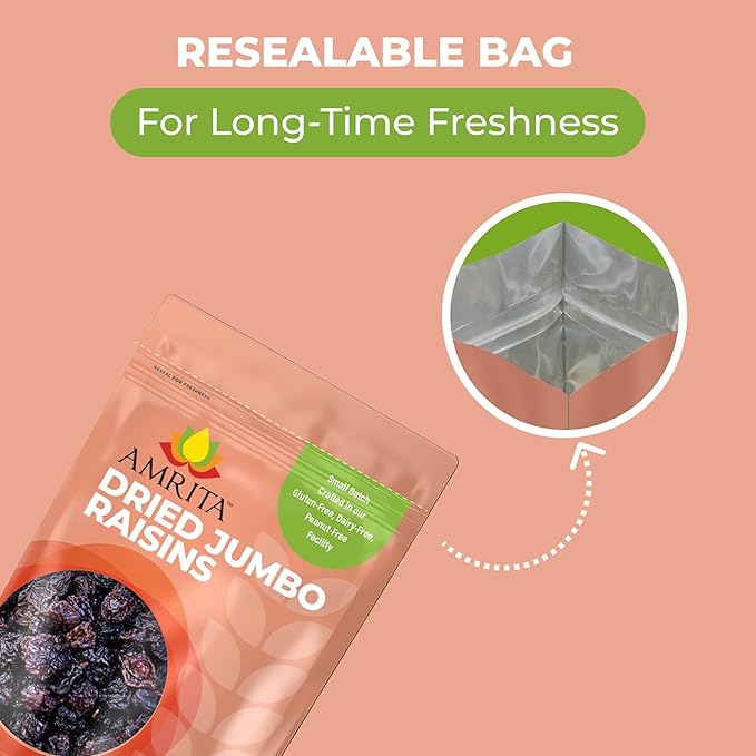 Amrita Dried Jumbo Raisins 2 lb | Naturally Sweet, Gluten-Free Snack | Dried Grapes Packed Fresh in