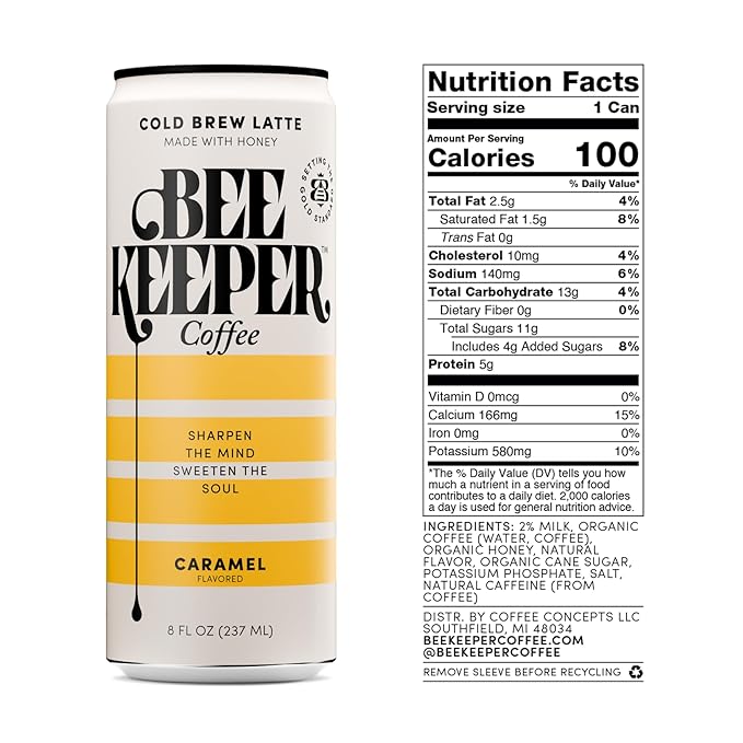 Beekeeper Coffee Cold Brew Caramel Latte with Oregon Honey, 8 fl oz cans (Pack of 12)