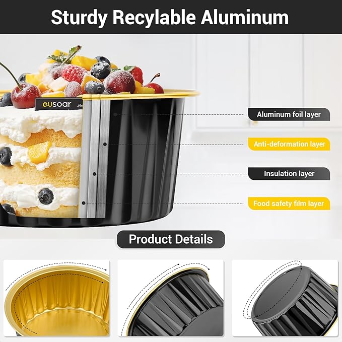 EUSOAR Aluminum Baking Cups, 120pcs 5oz Disposable Mini Foil Cupcake Liners Ramekins Cups with Lids