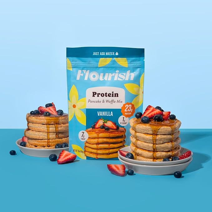 Flourish Protein Pancake & Waffle Mix, with Whey Protein & Flax Seed, No Added Sugar, High in