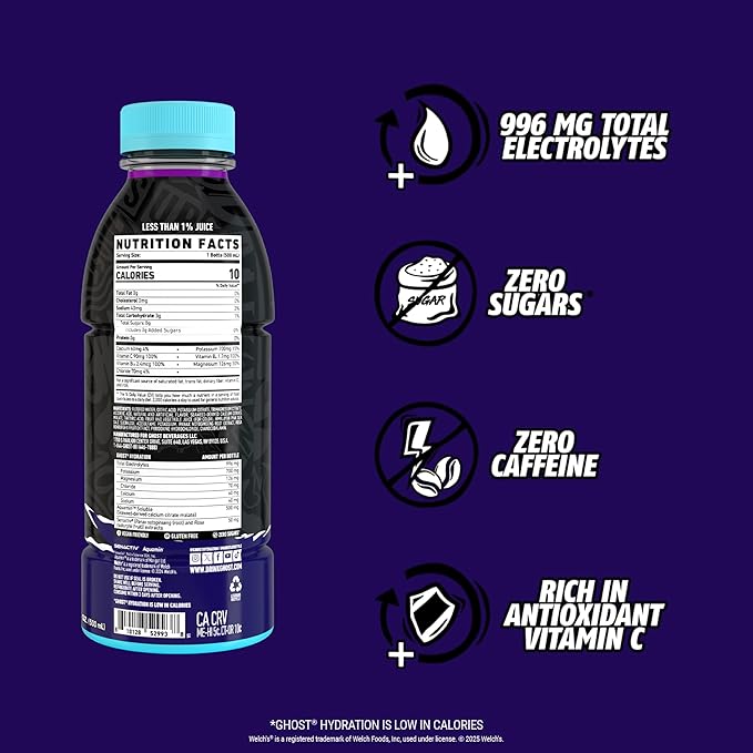 GHOST Hydration Drink, Welch’s Grape - RTD Sports Drink with Electrolytes, Natural Vitamins &